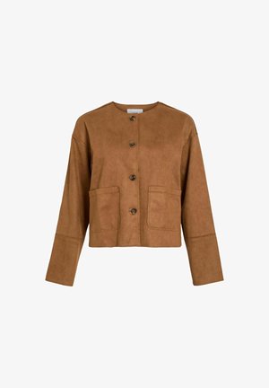 Giacca corta in suede marrone con colletto rotondo, bottoni frontali e due tasche sul petto. Presenta maniche lunghe e dettagli di cucitura minimali.