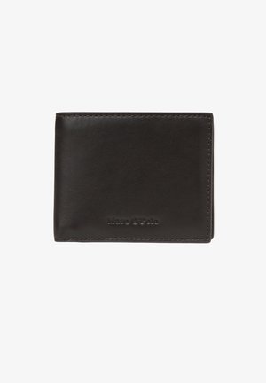 Black leather wallet with a smooth texture, bi-fold design, visible stitching, and debossed logo on the front. Compact and minimalist shape.