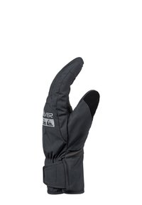 Drievingerige zwarte handschoenen van duurzaam materiaal, met een textuur in de palm en een verstelbare polsband voor een veilige pasvorm.