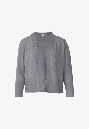 Grijze gebreide cardigan met open voorkant, driekwartmouwen en geribbelde zoom. Zachte textuur, lichtgewicht, met een eenvoudig en ontspannen ontwerp.
