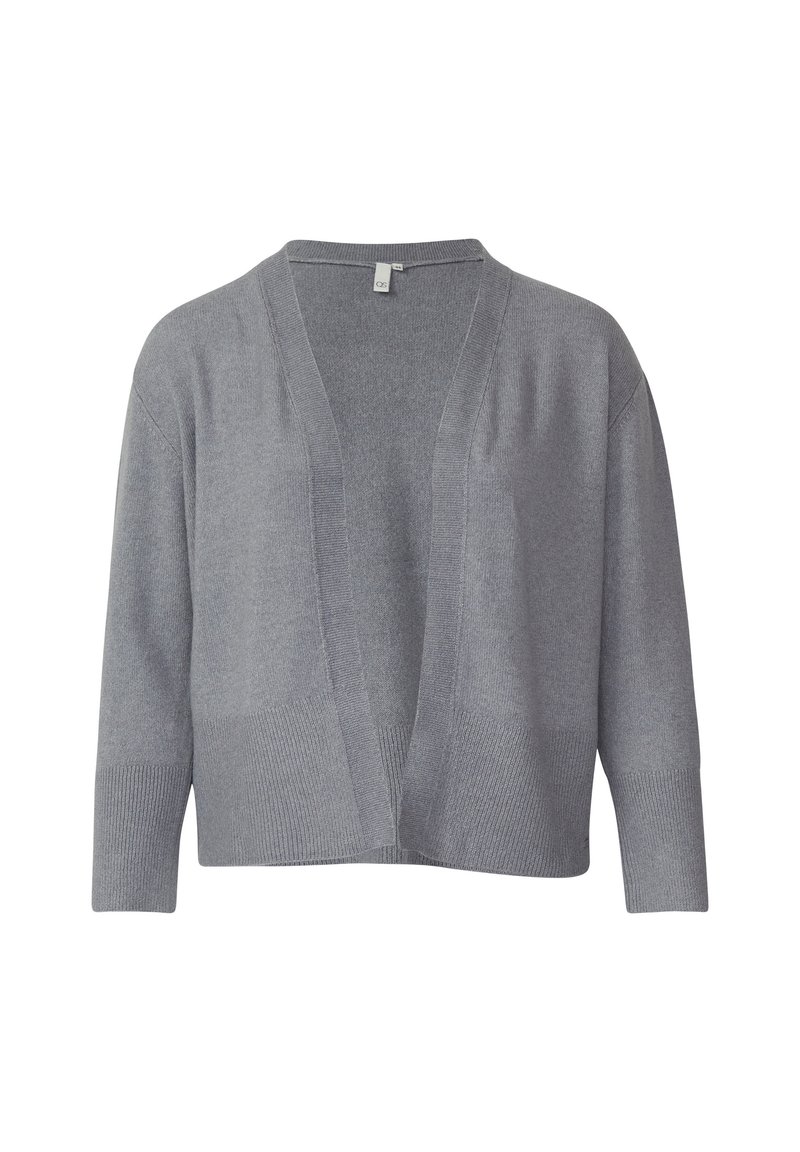 Grauer Strickcardigan mit offenem Vorderteil, Dreiviertelärmeln und geripptem Saum. Weiche Textur, leicht, mit schlichtem und entspanntem Design.