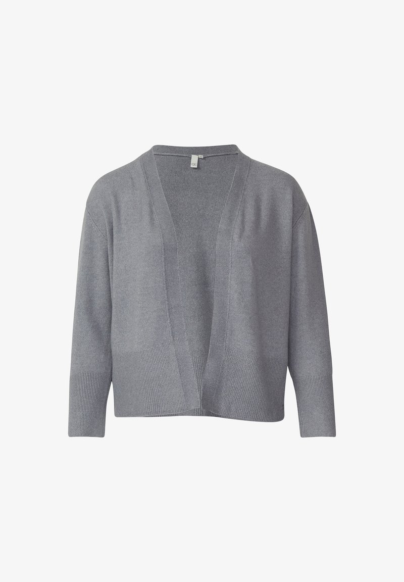 Grauer Strickcardigan mit offenem Vorderteil, Dreiviertelärmeln und geripptem Saum. Weiche Textur, leicht, mit schlichtem und entspanntem Design.