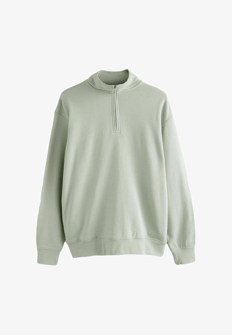 Pull-over à manches longues vert clair avec col à fermeture éclair quart et poignets et ourlet côtelés, présenté sur un fond blanc.