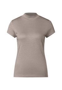 Short-sleeve mock neck t-shirt in light beige with a textured ribbed pattern and subtle shimmer effect, made from a soft, stretchy fabric.