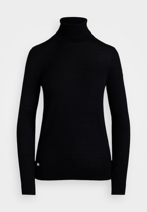 Black turtleneck sweater made of knit fabric, featuring long sleeves and a close-fitting design. Includes a small logo accent at the hem.