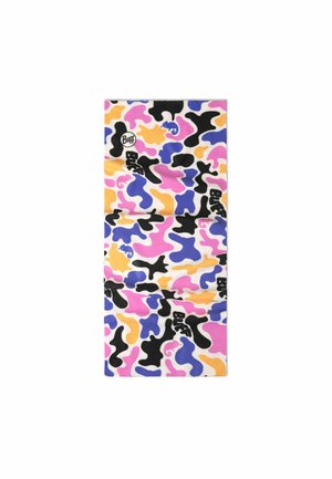 Multicolored neck gaiter with abstract camouflage pattern in black, pink, purple, and yellow, featuring "Buff" logos scattered throughout.