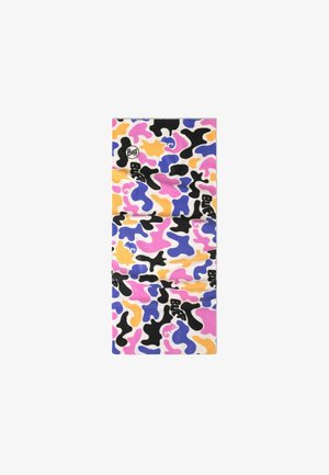 Multicolored neck gaiter with abstract camouflage pattern in black, pink, purple, and yellow, featuring "Buff" logos scattered throughout.