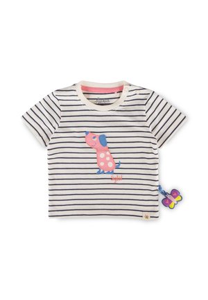 Maglietta bianca a maniche corte per bambini con strisce nere, patch cane rosa e blu sul davanti, due bottoni sulle spalle e un giocattolo a farfalla attaccato sul lato.