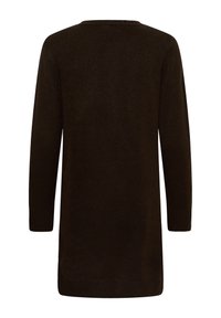 Robe-pull en maille marron foncé à manches longues avec un col rond et un dos uni, présentée sur fond blanc.