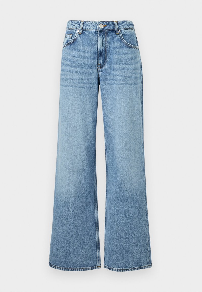 Lichtblauwe wijde jeans van denim, met een hoge taille, vijf zakken en een subtiele vervaagde textuur met klinknagels.