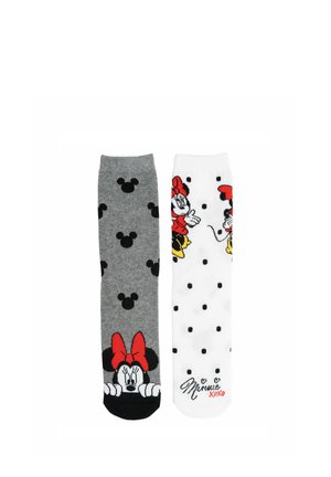 Two knee-high socks, one gray with black Mickey heads and Minnie peeking, one white with black polka dots and Minnie in red dress print.