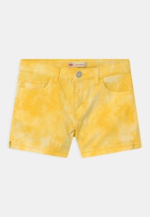 Yellow denim shorts with a tie-dye pattern, five pockets, zipper fly, and metal button closure. Smooth texture and straight cut.