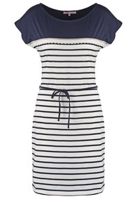 Vestido a rayas en azul marino y blanco, con escote redondo, mangas cortas, cintura con cordón y detalles de encaje en el pecho.