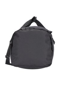 Black rectangular shoulder bag in textured fabric, featuring a top zipper closure, adjustable strap, and minimalistic design.