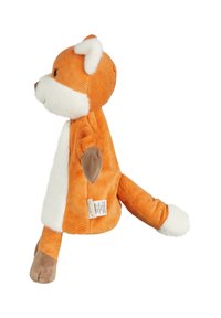 Orange corduroy plush fox toy with white fur accents on face and tail, brown paws, stitched eyes, and a soft texture. Label on side.