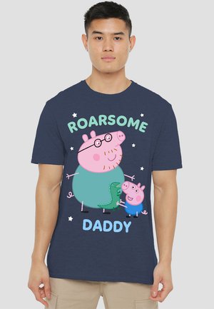 Navy blue t-shirt featuring cartoon characters Peppa Pig and Daddy Pig. Text reads "ROARSOME DADDY." Made of cotton, short sleeves, casual design.