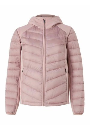 Giacca a vento rosa con cappuccio, caratterizzata da motivi a chevron trapuntati, zip frontale e tasche laterali. Tessuto liscio con polsini elasticizzati.