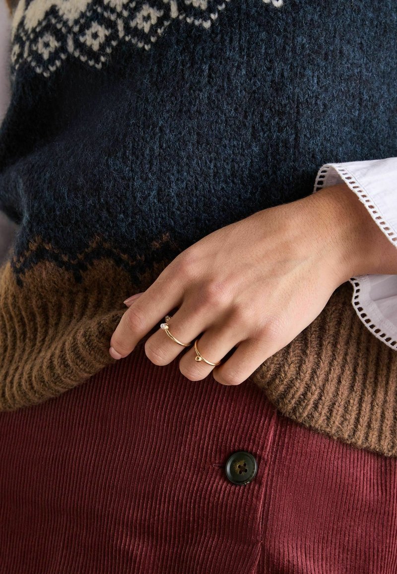 Strickpullover mit geometrischen Mustern in Dunkelblau, Braun und Weiß; gerippte Textur; kombiniert mit bordeauxroten Cordhosen und goldenen Ringen.