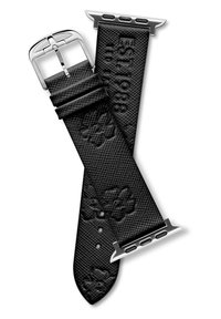 Bracelet de montre texturé noir en matériau synthétique, doté d'une boucle en métal argenté. Agrémenté de motifs floraux en relief.
