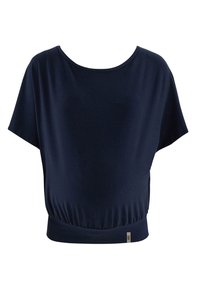 Marineblauw t-shirt met korte mouwen, een ronde halslijn en elastische taille. Zachte stof met een gladde textuur, met minimale details aan de zoom.