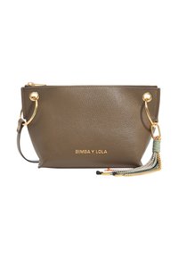 Olive green leather pouch bag with gold-tone hardware, zip closure, and a decorative tassel with multicolor accents; embossed logo on front.