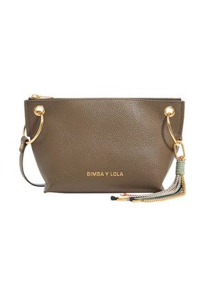 Olive green leather pouch bag with gold-tone hardware, zip closure, and a decorative tassel with multicolor accents; embossed logo on front.