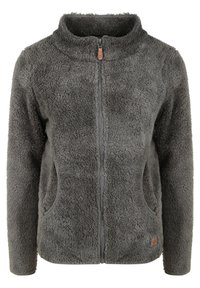 Harmaa fleece-takki, jossa on täysi vetoketju, korkea kaulus, kaksi sivutaskua ja tekstuuriltaan pehmeä ulkonäkö. Nahka-akcentti helman lähellä.