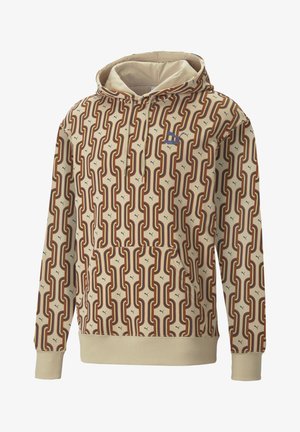 Beiger Hoodie mit mehrfarbigem, abstraktem Kettenglied-Muster, vordere Kängurutasche, Kapuze mit Kordelzug und kleinem Puma-Logo auf der Brust.