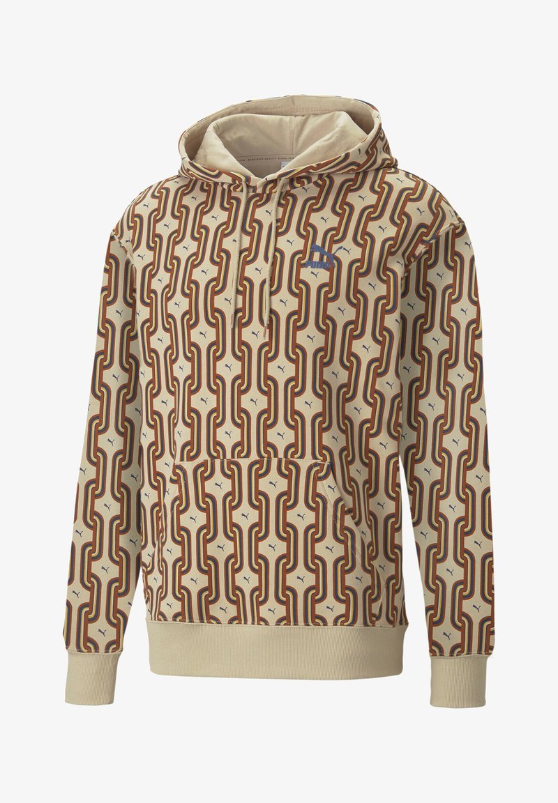 Sweat à capuche beige avec motif abstrait multicolore en forme de chaîne, poche kangourou à l'avant, capuche avec cordon de serrage et petit logo Puma sur la poitrine.