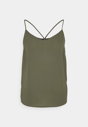 Oliven grøn camisole med justerbare tynde stropper, V-hals og en glat tekstur. Enkel design med en lige kant forneden.