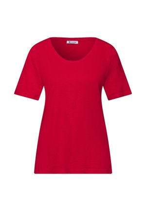 Rotes Damenoberteil mit kurzen Ärmeln und rundem Ausschnitt, aus glattem Stoff, flach liegend mit sichtbarem Innenetikett dargestellt.