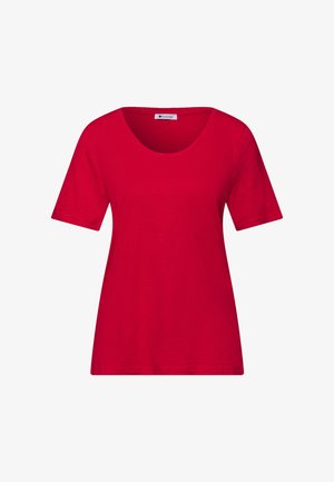 Rotes Damenoberteil mit kurzen Ärmeln und rundem Ausschnitt, aus glattem Stoff, flach liegend mit sichtbarem Innenetikett dargestellt.