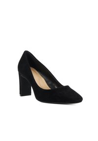 Black suede women's pump with a rounded toe and chunky mid-height heel, beige cushioned insole, shown against a white background.