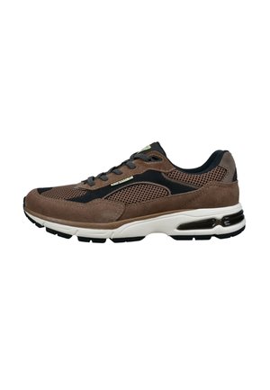 Brown and black athletic sneaker with mesh and suede upper, lace-up closure, cushioned white sole with visible air unit, and black rubber outsole.