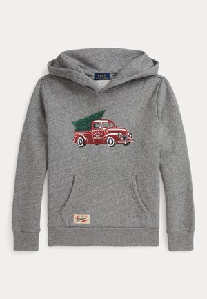 Grå hoodie med en röd vintage lastbilsgrafik och en grön julgran. Inkluderar en framficka och en etikett på fållen.