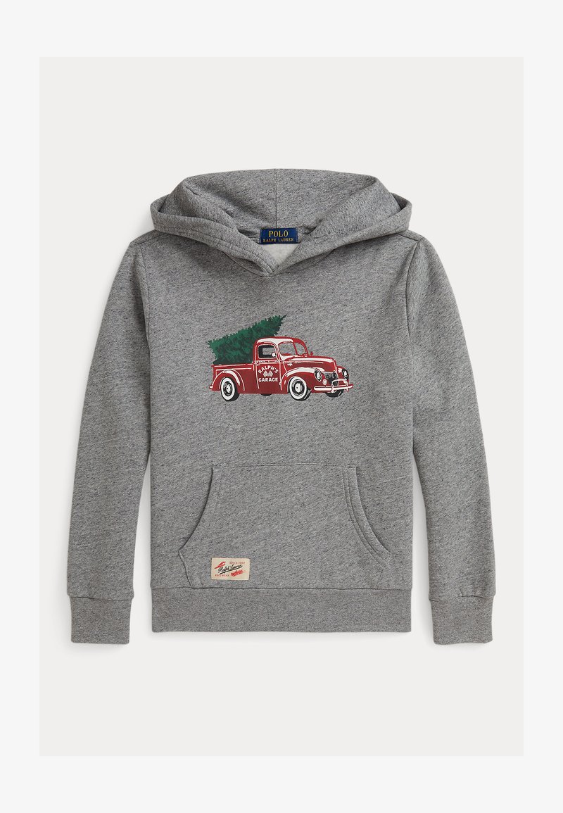 Gray hoodie featuring a red vintage truck graphic with a green Christmas tree. Includes a front pocket and a label on the hem.