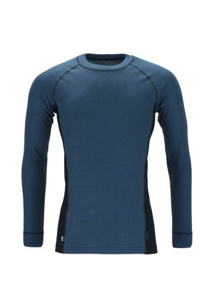 Langsleeve thermoshirt in donkerblauwe ribstof, met zwarte zijpanelen en contrasterende stiksels. Ronde halsontwerp met een aansluitende pasvorm.