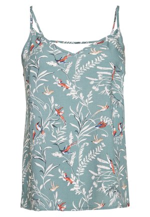 Haut sans manches bleu sarcelle clair avec fines bretelles, décoré de petits oiseaux multicolores et motifs botaniques feuillus blancs.