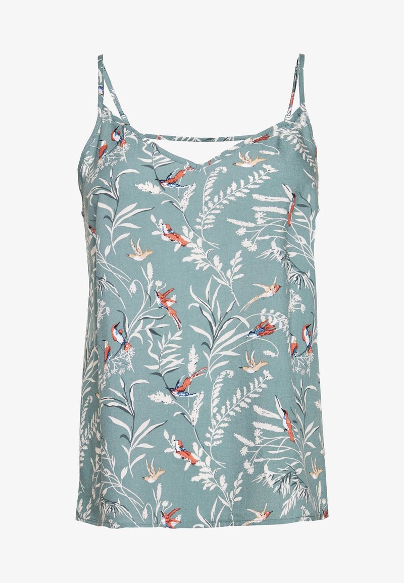 Haut sans manches bleu sarcelle clair avec fines bretelles, décoré de petits oiseaux multicolores et motifs botaniques feuillus blancs.