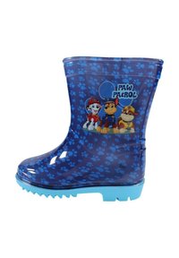 Botte de pluie en caoutchouc bleu avec un motif de traces de pattes, dotée d'un graphique de personnage sur le côté. Semelle texturée pour une adhérence, design léger.