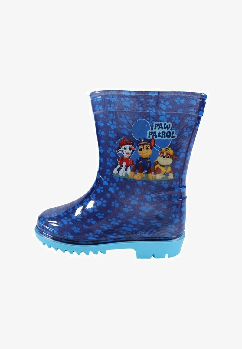 Botte de pluie en caoutchouc bleu avec un motif de traces de pattes, dotée d'un graphique de personnage sur le côté. Semelle texturée pour une adhérence, design léger.