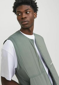 Lichtgroene, mouwloze vest met een gladde textuur, voorzien van een rits aan de voorkant en zijzakken, gelaagd over een wit T-shirt.