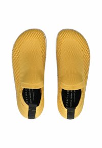 Yellow mesh slip-on shoes with textured surface, elastic opening, black accent at the heel, and a lightweight design.