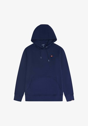 Marineblauwe hoodie gemaakt van een katoenmix, met een voorvak, een capuchon met trekkoord en een klein logo op de borst.