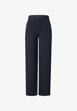 Marineblauwe wijdlopende broek met een geribbelde textuur, elastische tailleband en geen zichtbare bevestigingsmiddelen. Heeft een ontspannen pasvorm en is volledig lang.