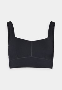 Μαύρο αθλητικό σουτιέν από ελαστικό ύφασμα, με τετράγωνη λαιμόκοψη, φαρδιές ραφές και ορατές λεπτομέρειες ραφής για επιπλέον στήριξη.