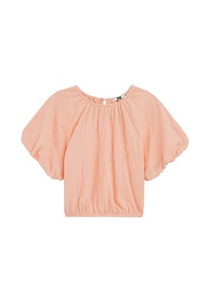 Krótka bluzka w kolorze brzoskwiniowym z szerokimi bufkami na rękawach, ściągaczem z elastycznym obrzeżem, okrągłym dekoltem i zapięciem na guziki z tyłu.