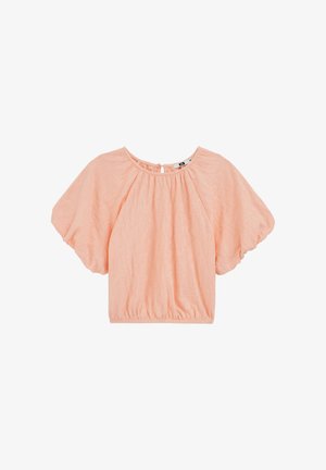 Bluza scurtă de culoarea piersicii, cu mâneci bufante largi, tiv elastic adunat, decolteu rotund și închidere cu nasturi la spate.