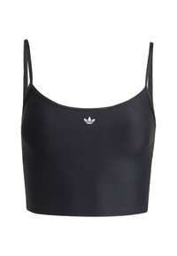 Černý sportovní crop top, vyrobený z hladkého materiálu, má tenké ramínka a malé bílé logo na přední straně. Jednoduchý design bez vzorů.