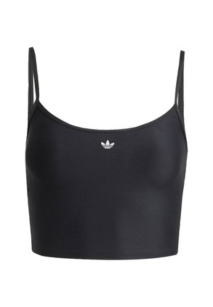 Zwarte sportieve crop top, gemaakt van gladde stof, met dunne bandjes en een klein wit logo aan de voorkant. Eenvoudig ontwerp zonder patronen.
